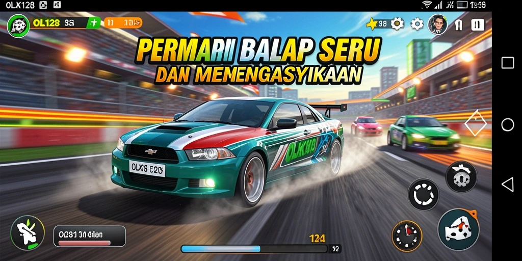 Tampilan gameplay OLX128 yang intens dan penuh aksi balapan.